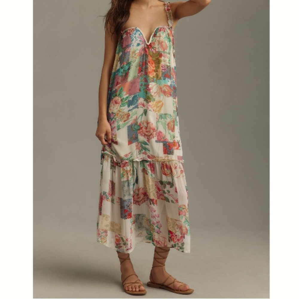 Anthropologie Floral Cream Midi Dress with Pink, Green & Blue Accents